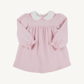Pink quilted long sleeve dress with white Peter Pan collar and ruffle cuffs by The Beaufort Bonnet Company – classic and cozy for cooler days.
