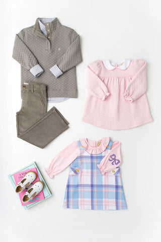 Pink quilted long sleeve dress with white Peter Pan collar and ruffle cuffs by The Beaufort Bonnet Company – classic and cozy for cooler days.