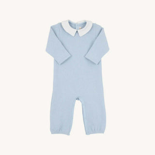 Beaufort Bonnet Potter’s Playsuit – Buckhead Blue quilted romper with Worth Avenue White collar for timeless baby boy style.