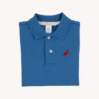 Boys' Woodboat Blue polo with red stork logo from TBBC, featuring a three-button placket and classic Southern style.
