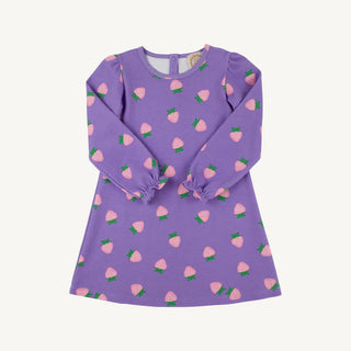 Purple girls' sweatshirt dress with pink strawberry print and puff sleeves by The Beaufort Bonnet Company – comfy and cute for fall days.