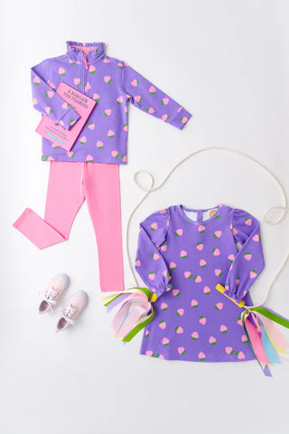 Purple girls' sweatshirt dress with pink strawberry print and puff sleeves by The Beaufort Bonnet Company – comfy and cute for fall days.