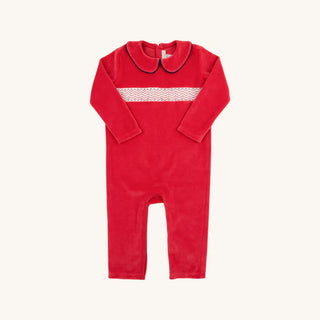 Baby holiday romper Samuel Smocked in red velour with smocking and classic Peter Pan collar by The Beaufort Bonnet Company