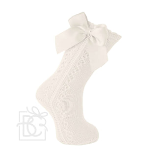 Scottish Yarn Openwork Bow Kneehigh Socks - Natural