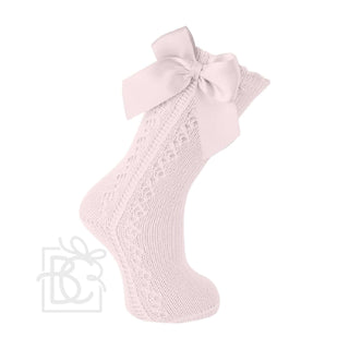Scottish Yarn Openwork Bow Kneehigh Socks - Soft Pink