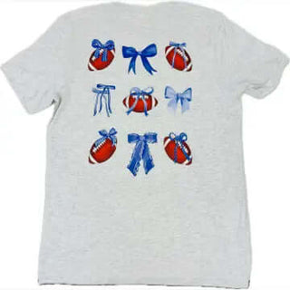 Kentucky Coquette Football Shirt—heather gray tee with blue bows and football graphic, blending Southern game day charm with girly style.