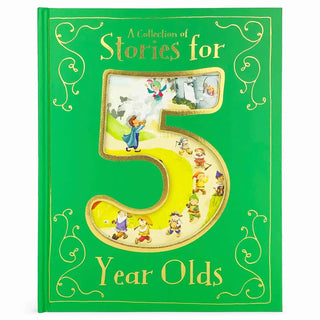 Green storybook with gold details and the number 5 filled with playful illustrations from classic fairy tales for 5-year-olds