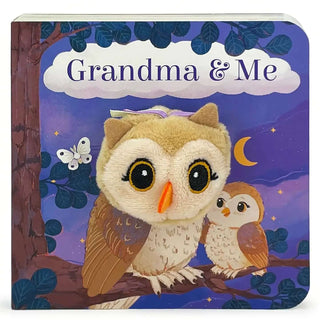 Owl-themed Grandma and Me baby book with plush finger puppet and nighttime forest scene on the cover