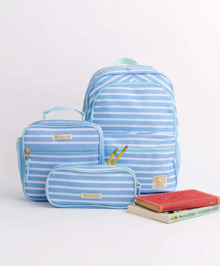 Blue striped backpack and pencil case on a white background