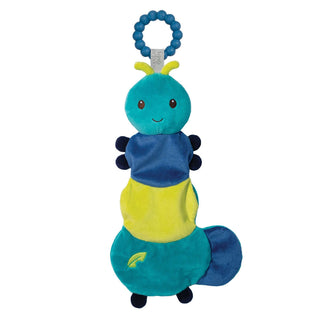 Crunchie Caterpillar Teether by Douglas Toys—plush sensory toy with BPA-free silicone ring, soft segments, and embroidered leaf detail.