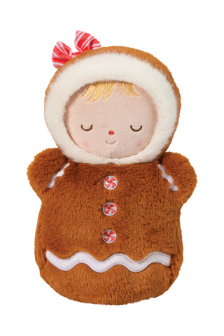 Douglas Toys Gingerbread Mini Hug Doll with soft brown plush, peppermint buttons, and red-and-white bow on white background
