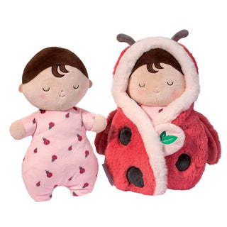 Ladybug Hug Doll by Douglas Toys—soft baby doll with embroidered face, pink ladybug romper, and removable plush ladybug swaddle wrap.