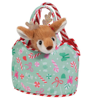Douglas Toys Sweet Bows Sassy Sak with plush reindeer featuring glitter antlers in a mint candy-patterned holiday bag