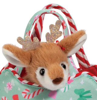 Close up of Sweet Bows Sassy Sak with plush reindeer featuring glittery antlers in a mint candy-patterned holiday bag