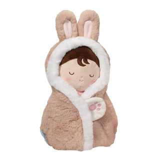 Bunny Hug Doll by Douglas Toys—plush baby doll with embroidered face, tan bunny swaddle, floppy ears, faux fur trim, and pink paw detail.