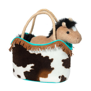 Western Horse Sassy Sak – faux cowhide purse with fringe, turquoise trim, and plush buckskin pony for rodeo-ready fun and cuddles.