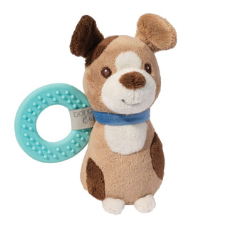 Zeke the Puppy rattle by Douglas Toys—plush dog with baby-safe embroidered face, soft textures, gentle rattle, and silicone teether ring.