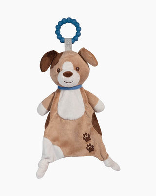 Zeke the Puppy teether by Douglas Toys—plush lovey with embroidered face, knotted corners, and BPA-free silicone ring for teething relief.