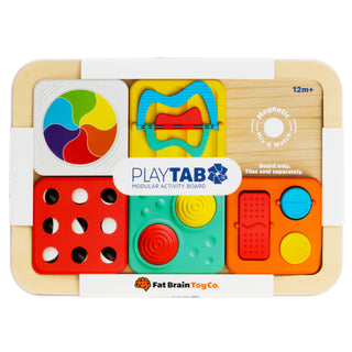 Fat Brain Play Tab board with removalble  colorful sensory tiles including gears, switches, and color wheel for interactive play