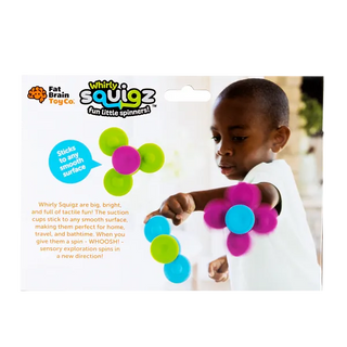 Packaging back of Whirly Squigz highlighting sensory play, suction cup design, and smooth surface spinning for babies and toddlers