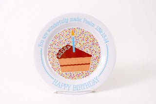 Christian birthday plate with cake and sprinkles, features Psalm 139:14 and the message “You are wonderfully made.”
