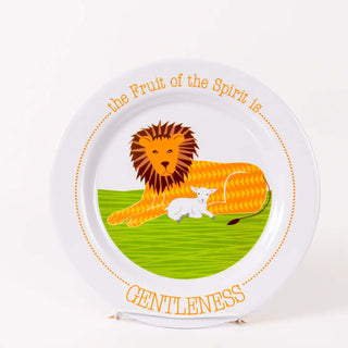Fruit of the Spirit Gentleness plate with lion and lamb design—Christian kids plate teaching biblical values at mealtime.