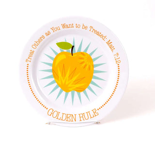 Christian kids plate with golden apple and Matthew 7:12 Scripture – “Treat others as you want to be treated.”