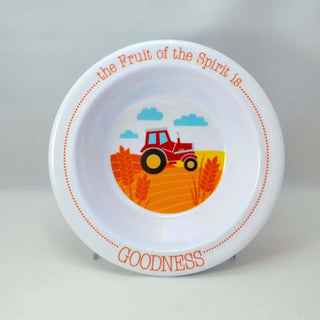 Fruit of the Spirit Goodness bowl with red tractor and wheat field—Christian mealtime dish teaching biblical values to kids.