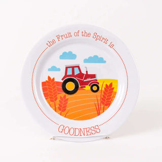Fruit of the Spirit Goodness plate featuring red tractor and wheat field—Christian kids dish teaching biblical values at mealtime.