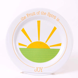 Fruit of the Spirit Joy plate with smiling sun and green field—faith-based dish teaching kids biblical joy at mealtime.