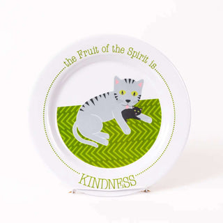 Fruit of the Spirit Kindness plate featuring a gray cat cuddling a kitten—Christian kids dish teaching compassion and care.