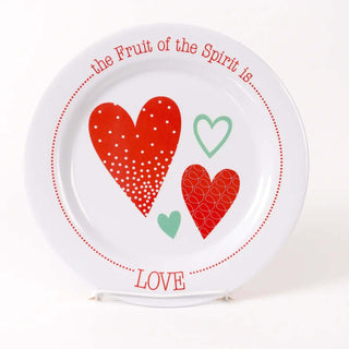 Fruit of the Spirit Love plate with red and mint green hearts—Christian kids tableware teaching love and faith at mealtime.