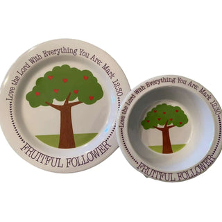 Fruitful Follower kids plate and bowl set with heart tree design and Mark 12:30 Scripture—Christian mealtime set for children.