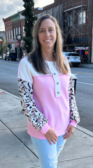 Pink Leopard Sleeve Patchwork Waffle Knit Top