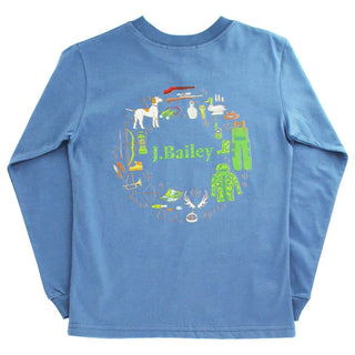 Boys denim blue J. Bailey long sleeve shirt with colorful hunting-themed logo print on back and classic outdoor gear illustrations.