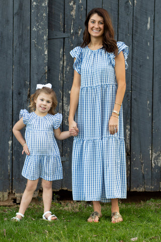 Mom & Me Blue Gingham Bardot Dress