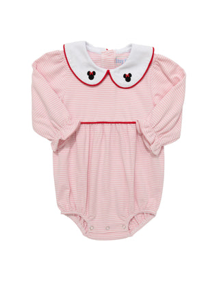 Itsy Bitsy pink and white striped long sleeve bubble with embroidered Minnie Mouse collar, red piping, and elastic leg openings.