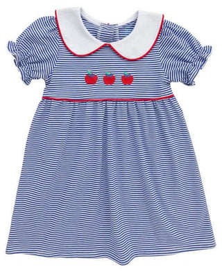Blue Striped Apple Dress by Itsy Bitsy—girls’ cotton dress with Peter Pan collar, puff sleeves, red piping, and embroidered apple trio.