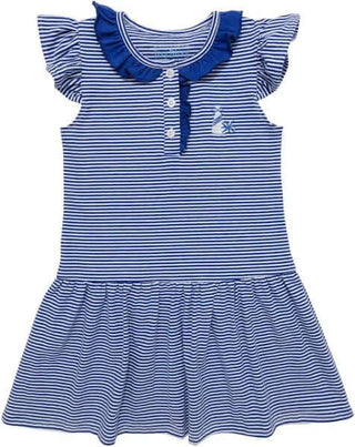 Blue Striped Game Day Dress by Itsy Bitsy—girls’ cotton dress with flutter sleeves, ruffle collar, drop waist, and megaphone embroidery.