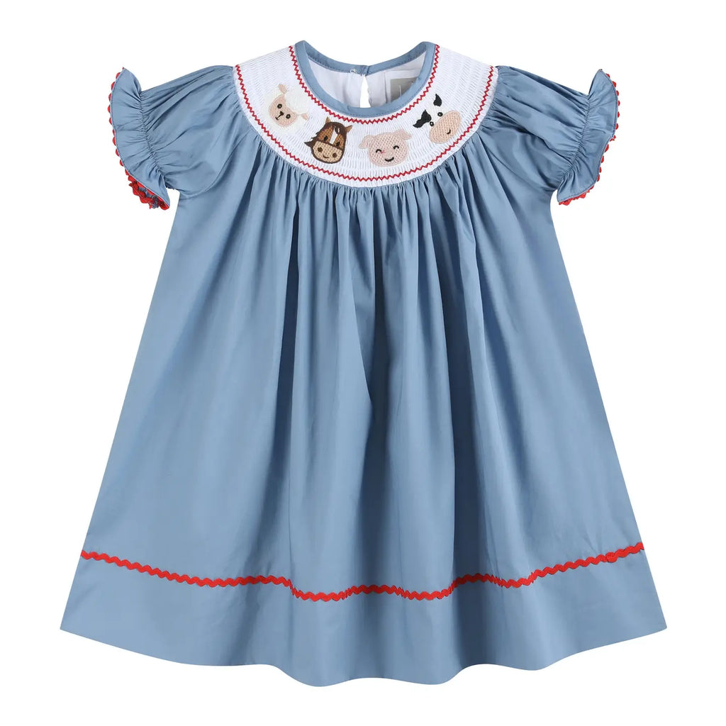 Lil Cactus Baby Dress Ð Blue Farm Animal Smocked Bishop Dress 5Y / Blue, Outfit, Cotton