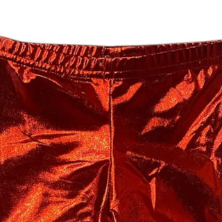 Close up of Lulu Bebe Metallic Red Leggings with shimmering fabric and elastic waistband, perfect for holiday outfits.