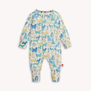 Magnetic Me Blue Paw-ty baby coverall with playful puppy print, featuring soft modal fabric and magnetic closures for easy diaper changes.