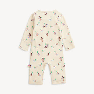 Back view of Magnetic Me Quack Me Up Organic Cotton Coverall with playful duck pattern on cream fabric on white background.