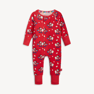 Front view of red Magnetic Me convertible coverall with Mickey Mouse, hot cocoa,and marshmallow print on modal fabric.