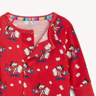 Close-up of Magnetic Me red Mickey Mouse winter convertible coverall of modal fabric and neckline with magnetic fasteners