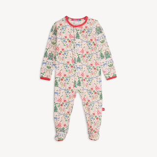 Full view of Magnetic Me Sugar Plum Dreams baby sleeper with colorful holiday print, footed design, and red trim.