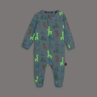 Magnetic Me Blue Party Animals coverall with the whimsical balloon animal print glowing in the dark.