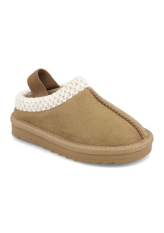 Angled front view of MIA Shoes Lil Downee clog showing chestnut color, cream embroidered trim, and textured sole.