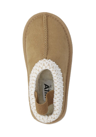 MIA Shoes Lil Downee Girls Chestnut Clog top view showing soft microsuede upper, cream embroidered trim, and fleece lining.