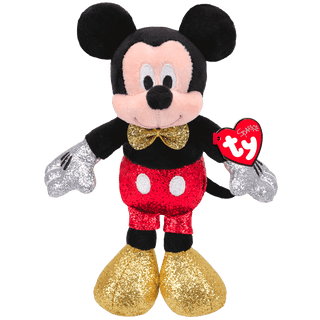 Disney Mickey Mouse TY Sparkle plush with glittery red shorts, gold shoes, and bow tie – perfect for Disney fans and collectors.